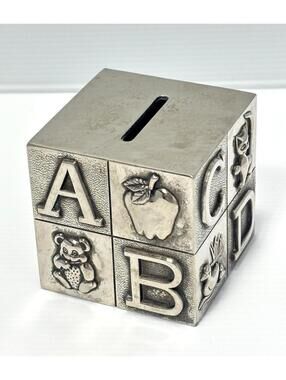 Vintage Silver Plated ABC Alphabet Block, Baby Coin Bank, As Is Condition